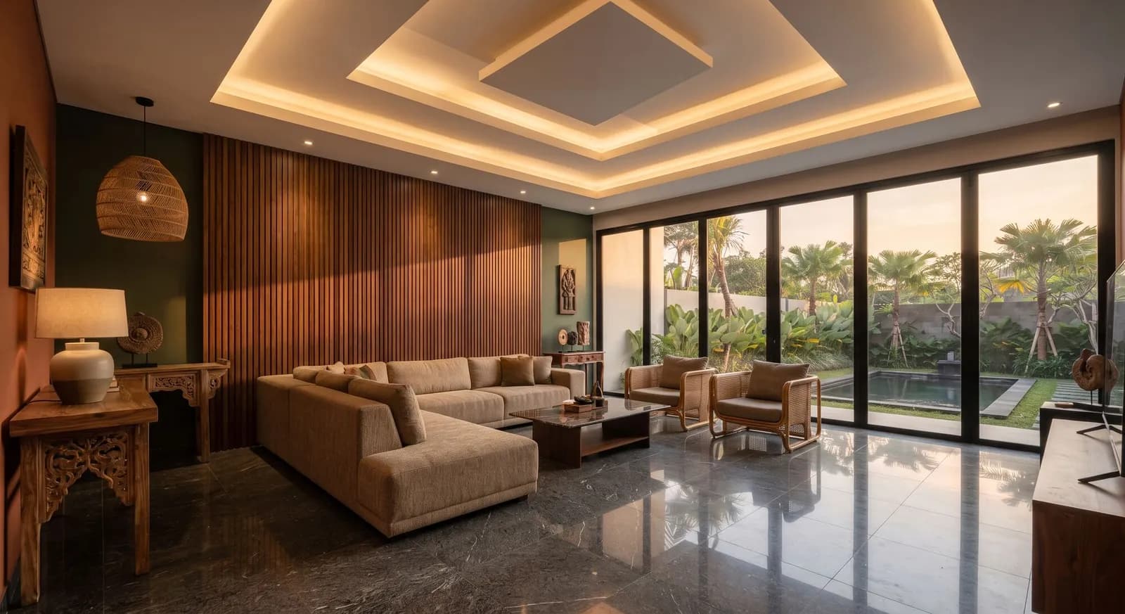 Ruang keluarga hasil renovasi dengan plafon gypsum dan dinding kayu