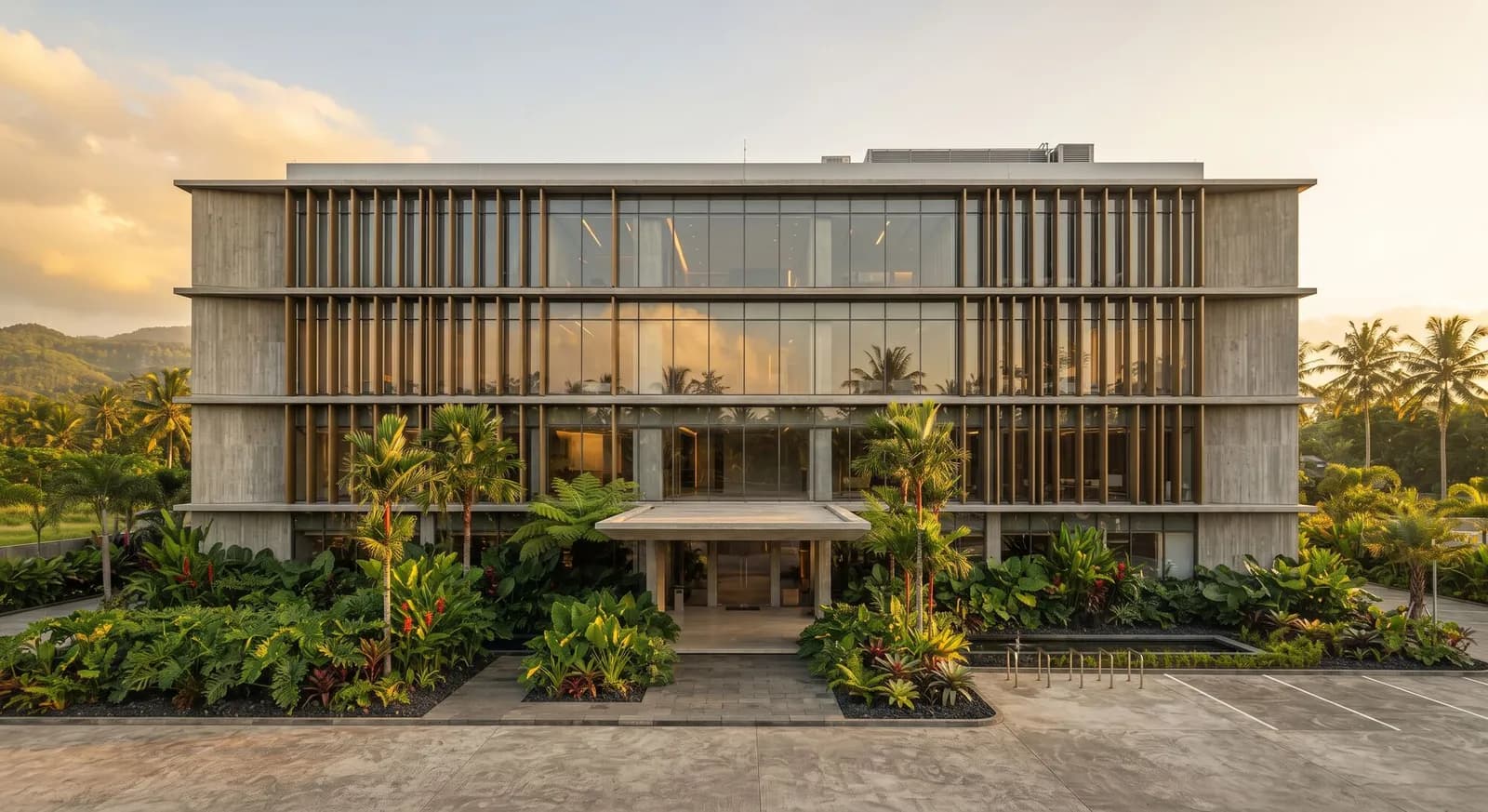 Gedung kantor empat lantai dengan fasad kaca dan sirip vertikal