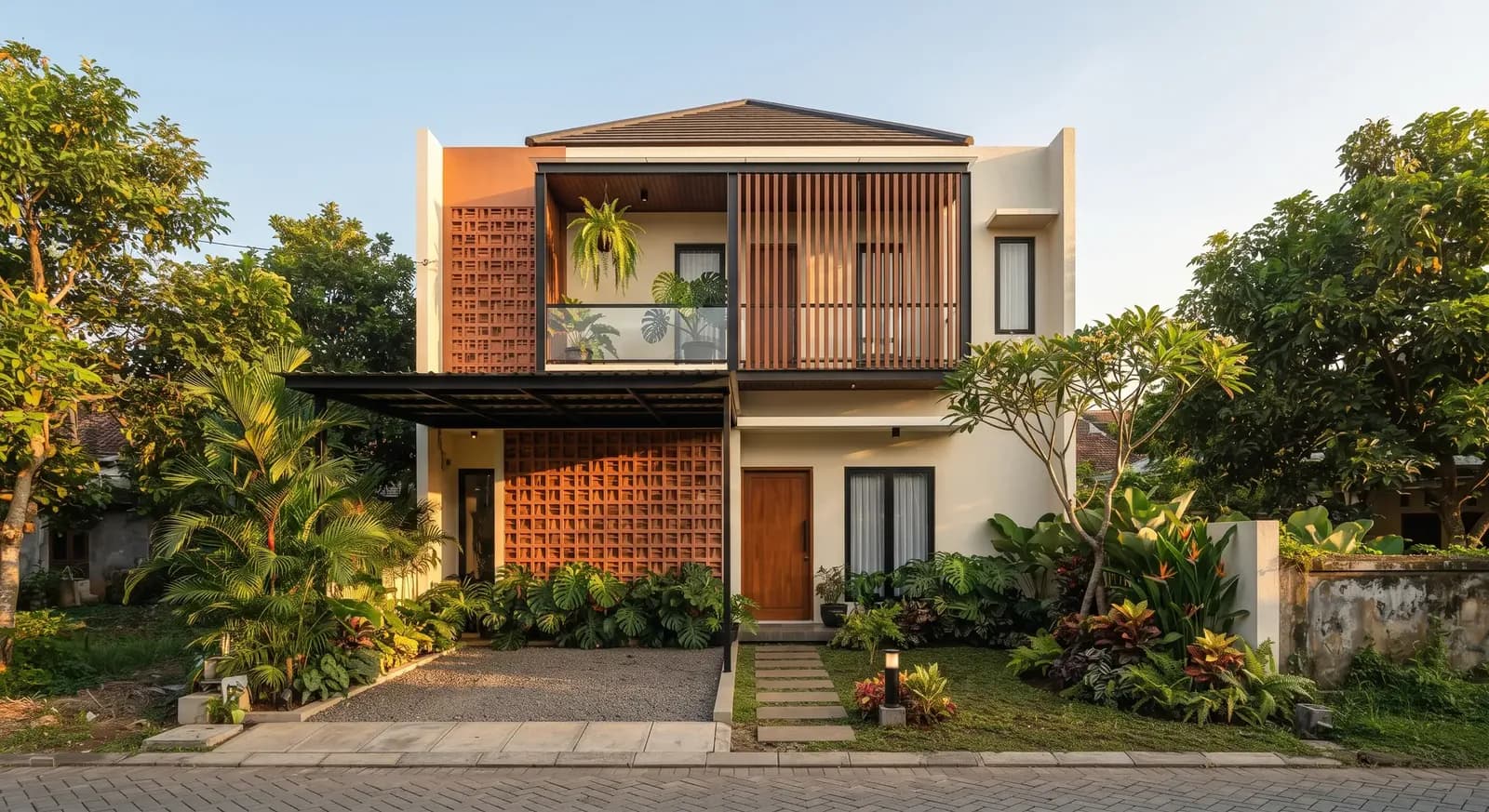 Rumah tinggal dua lantai bergaya tropis modern