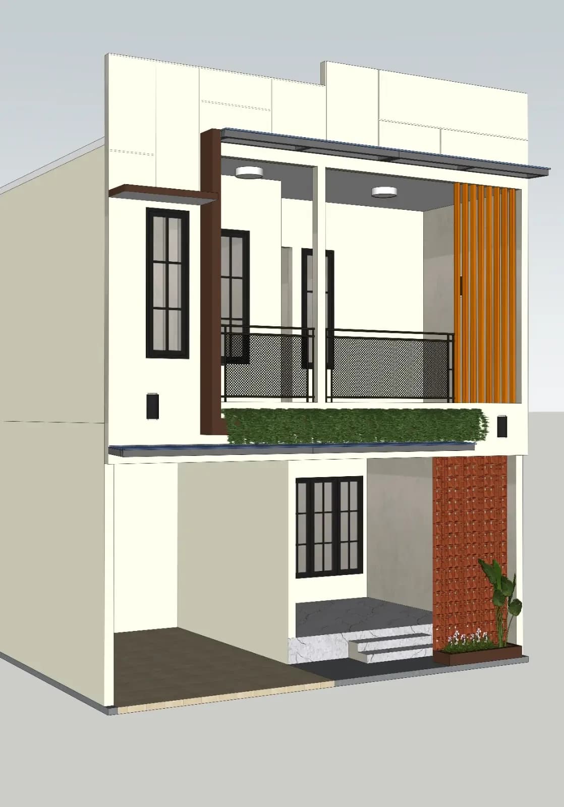 Desain 3D tampak samping rumah dua lantai