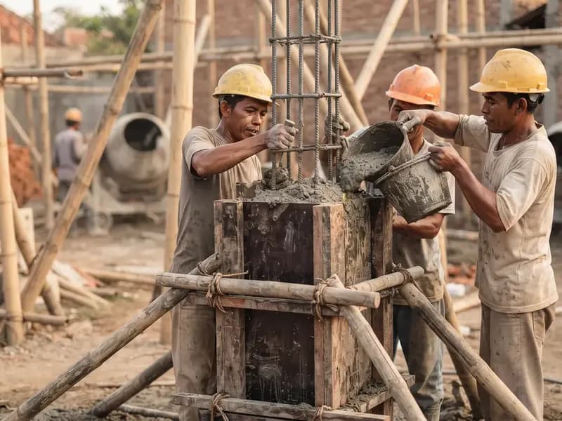 Pekerja mengecor kolom beton bertulang