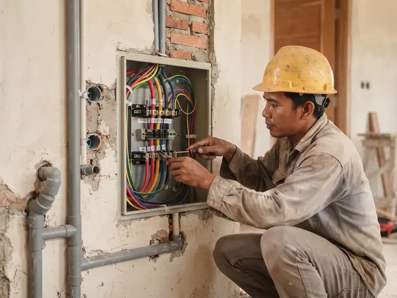 Teknisi memasang kabel pada panel listrik rumah