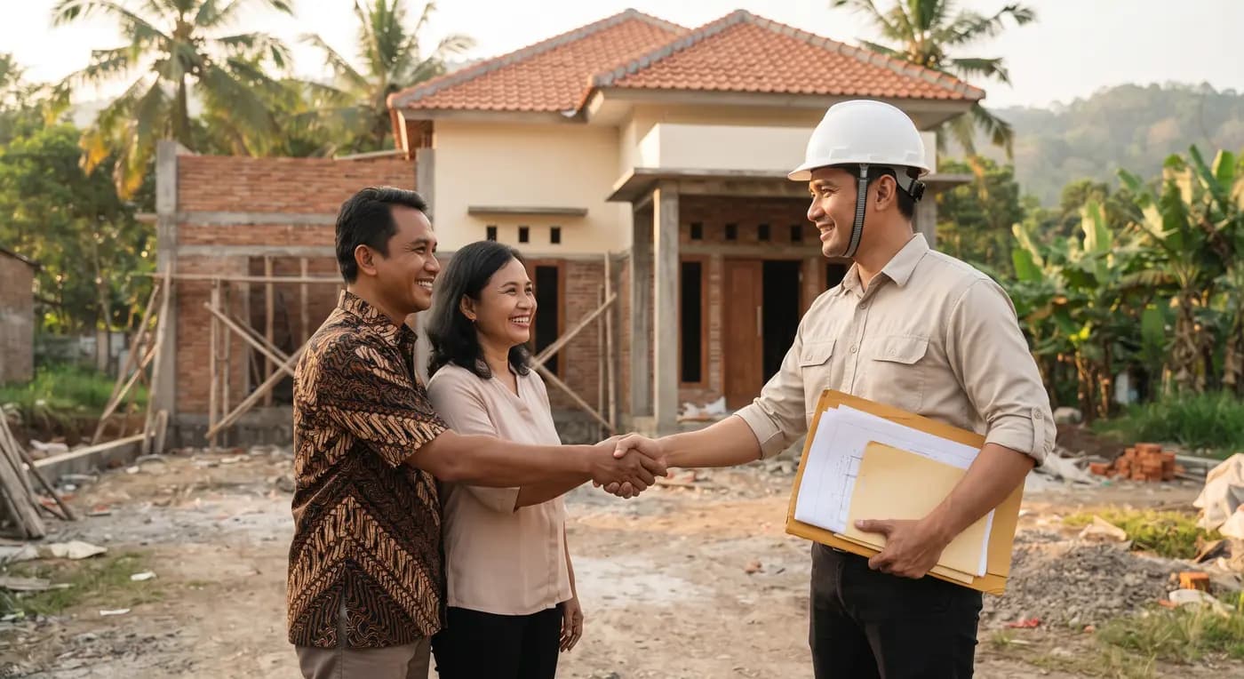 Pemilik rumah dan kontraktor berjabat tangan di depan bangunan