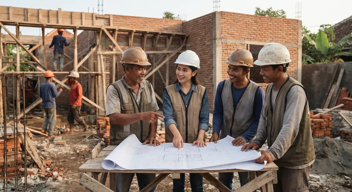 Tim konstruksi meninjau gambar kerja di lokasi proyek