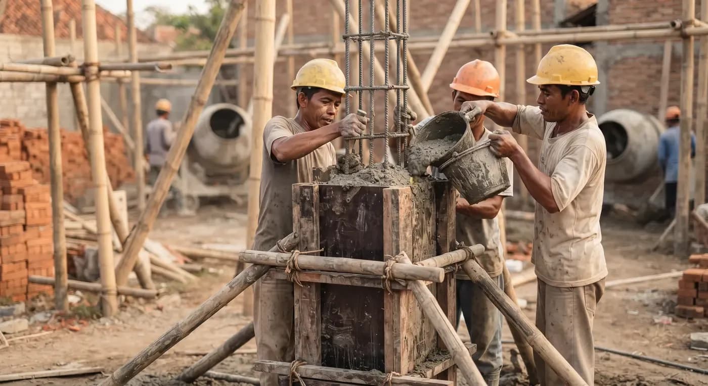 Pekerja mengecor kolom beton bertulang