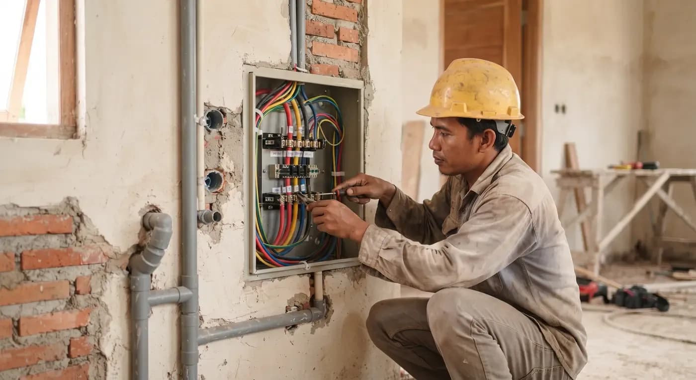 Teknisi memasang kabel pada panel listrik rumah